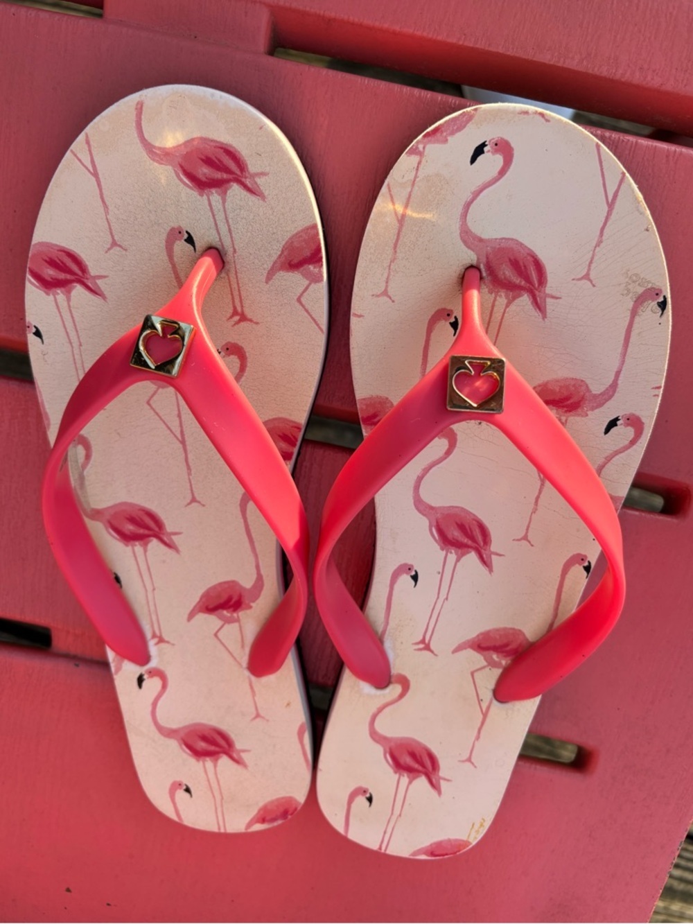 kate spade Pink Flamingo Print Flip Flop Casual Sandals with Gold Logo Size 9